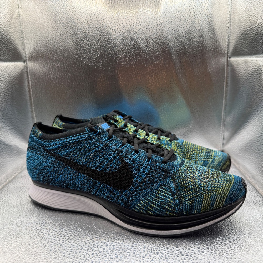 Size 10.5 Nike Flyknit Racer Mens Blue Yellow Excellent 526628-405 Sneakers